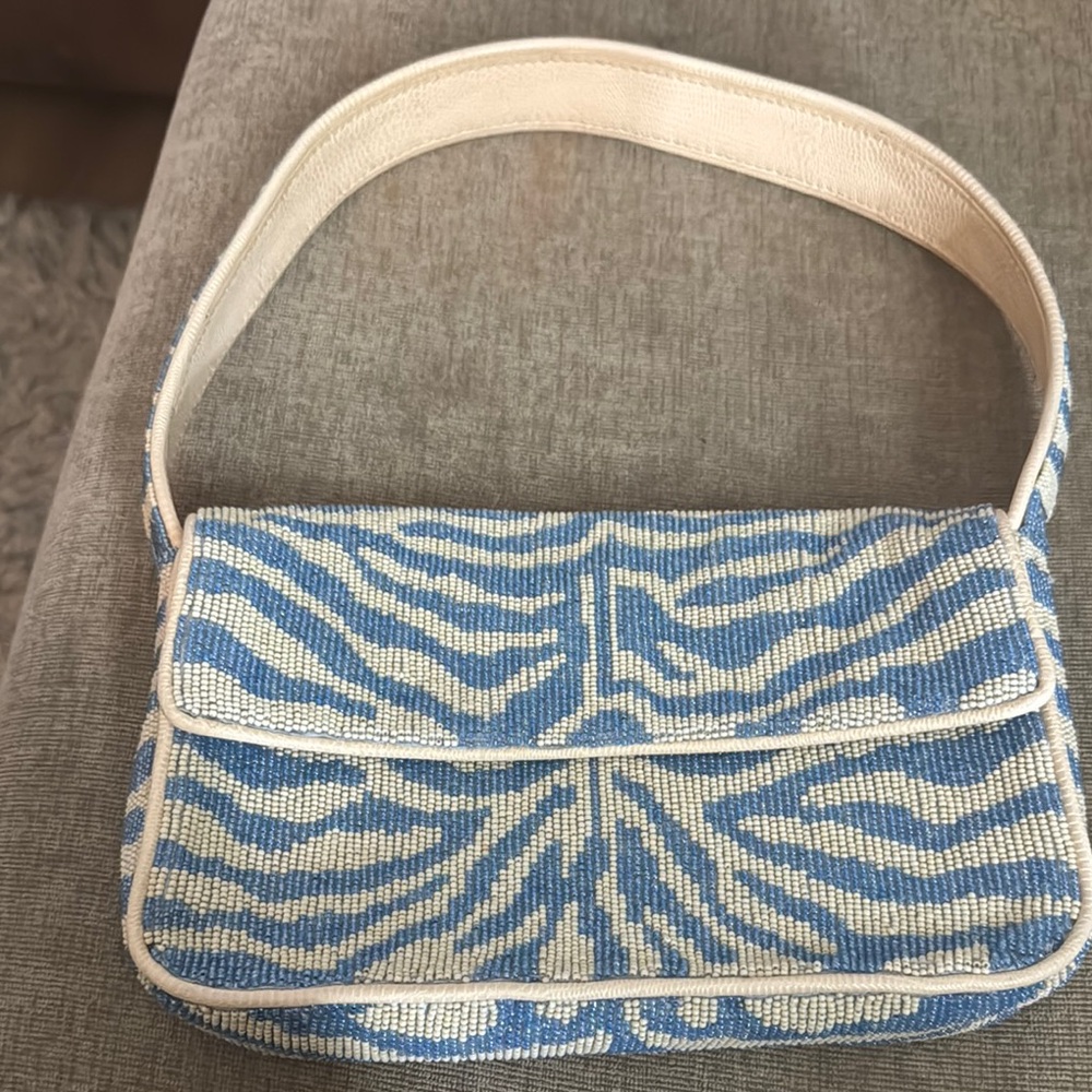 STAUD Blue and White Zebra Shoulder Bag